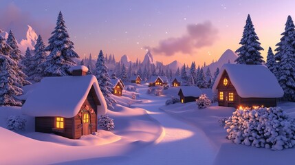 Fototapeta premium Snowy Cottage Village at Twilight in a Mountainous Landscape