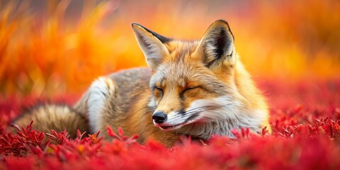 Obraz premium A Red Fox Resting Amidst a Sea of Crimson Foliage, Eyes Closed in Peaceful Slumber