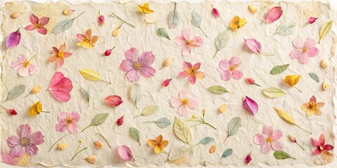 A delicate and whimsical arrangement of pressed flowers and leaves on a textured, creamy white surface, showcasing nature's ephemeral beauty in a timeless display.