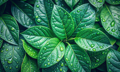 Fototapeta premium Drops of water on green leaves of dense foliage