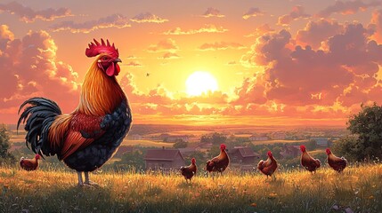 A giant rooster surrounded by small roosters with a background of a small town.