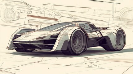 A detailed drawing of a futuristic sports car design with other cars sketched in the background.