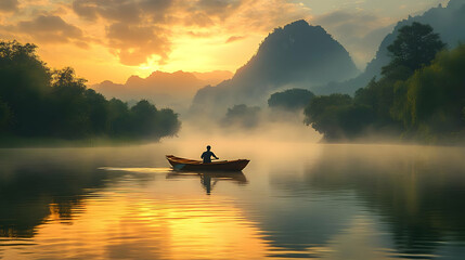 Fototapeta premium Serene sunrise over a misty river with a lone boatman.