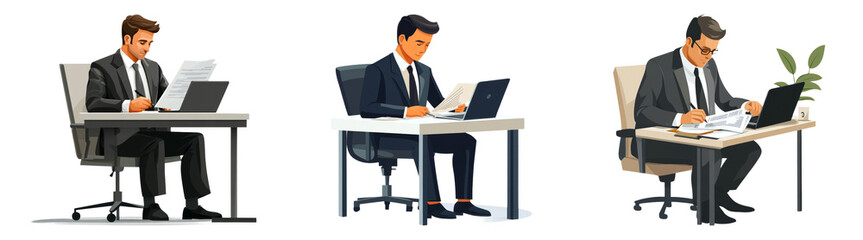 Fototapeta premium Businessmen working on laptops isolated on transparent PNG background ideal for corporate illustrations or business presentations