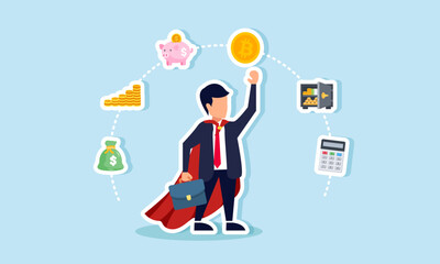 A super businessman is surrounded by items related to financial management, illustrating how effective financial management boosts business performance