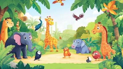 A Group of Cartoon Animals in a Lush Tropical Jungle