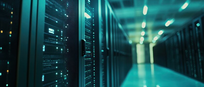 A corridor of server racks in a data center, showcasing technology infrastructure.