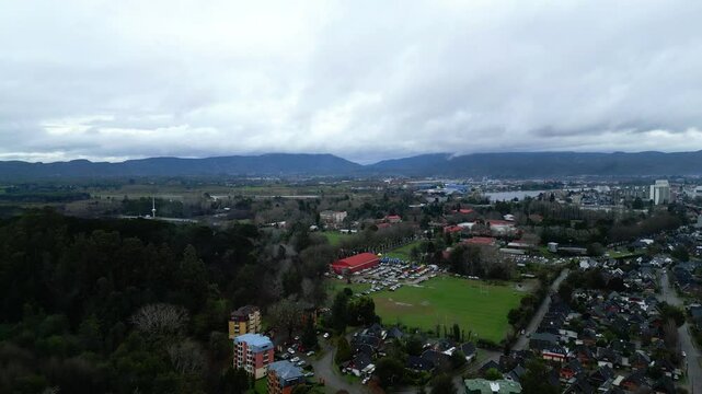 Aerial View of Valdivia City and Surrounding Countryside in Chile