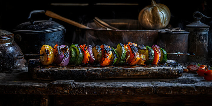 Vegetais grelhados sobre uma t&aacute;bua de madeira r&uacute;stica