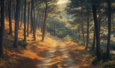 Fototapeta premium A winding path through a sun-drenched forest, with tall pine trees and warm light illuminating the path.