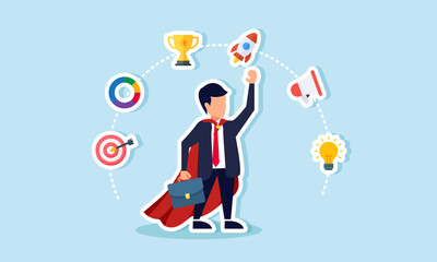 A super businessman is surrounded by items related to marketing management, illustrating how effective and efficient marketing management can boost business performance