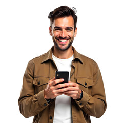 Happy young handsome man using smartphone isolated on transparent background