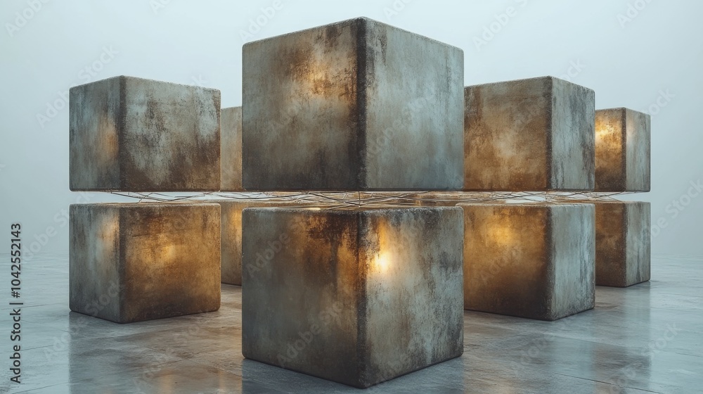 Aufkleber A modern art installation showcases a series of illuminated concrete cubes arranged in a captivating formation, creating a unique visual experience.