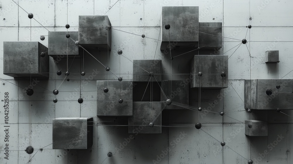 Leinwandbilder Geometric cubes of varying sizes are interconnected by thin lines against a textured gray backdrop, showcasing a contemporary abstract art concept that plays with depth and perspective.