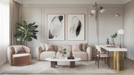 Fototapeta premium Living room with a couch, chair, and a coffee table