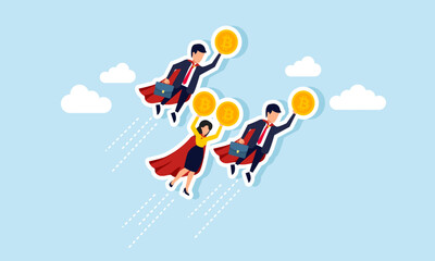 A group of super businessmen is flying in the sky carrying bitcoins, illustrating the results of collaboration in analyzing and monitoring bitcoin valuation movements