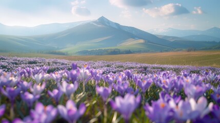 Obraz premium Purple Crocuses Blooming in Mountain Valley