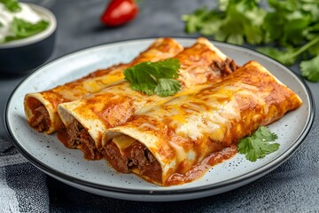 Mouthwatering Mexican Beef Enchiladas on Plate with Fresh Garnishes