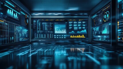Futuristic data center with glowing screens displaying graphs and charts.