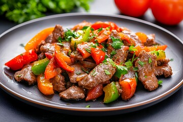 Fototapeta premium Lomo Saltado Stir Fried Beef and Vegetable Dish on Plate