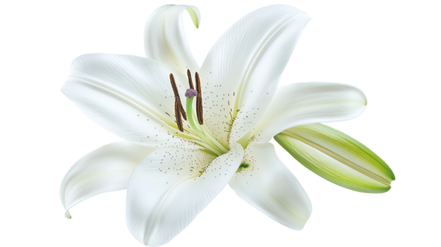 A beautiful white lily flower isolated on a white background, showcasing its delicate petals and natural elegance