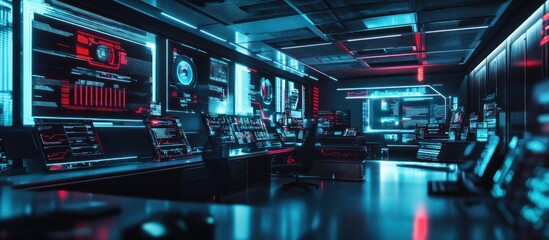 Futuristic office interior with computer screens, blue and red lighting, and empty chairs.