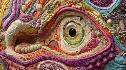 A close-up of a colorful, detailed, and intricate eye. The eye is surrounded by various textures, lines, and patterns, giving it a surreal and otherworldly appearance.