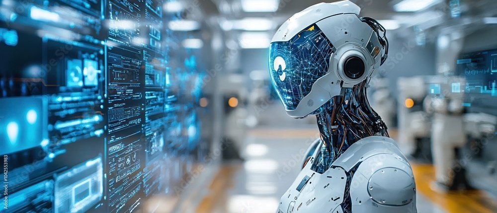 Fototapete A futuristic robot with a glowing blue head looking at a screen of data in a technologically advanced setting.