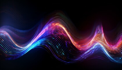 Psychedelic, neon-hued sinus wave with vibrant particles on a blue gradient, ethereal and dynamic design. Blue gradient background