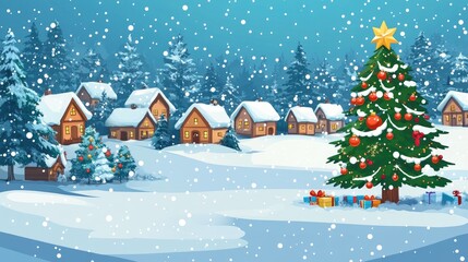 A Snowy Christmas Village with a Decorated Tree