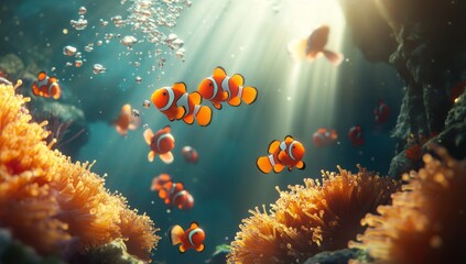 Obraz premium A school of clownfish swim through a coral reef, illuminated by sunlight shining through the water's surface.