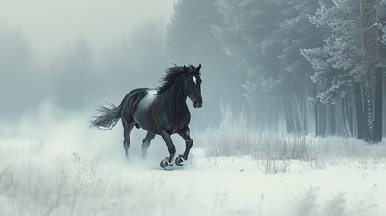 Black stallion running through the snow 
