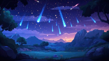 Obraz premium A Nighttime Landscape with Shooting Stars and a Mountain Range