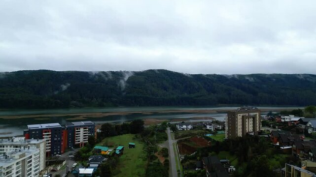 Aerial Drone Lift Over Isla Teja, Valdivia, Chile