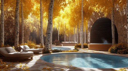 dream vacation spot of a swimming pool surrounded by trees