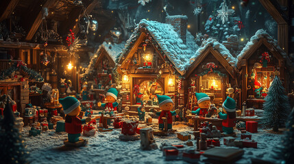 Santas elves creating christmas presents at the north pole