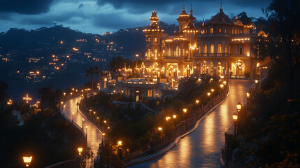 Beautiful palace on a hill lit up at night