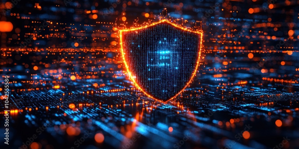 Leinwandbilder digital shield glowing with binary code in a network of lights