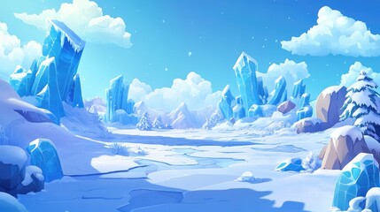 Crystal-like Ice Formations in a Snowy, Blue Landscape
