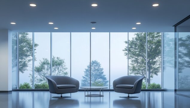 Modern office waiting area with two armchairs and a small table in front of large windows overlooking trees.