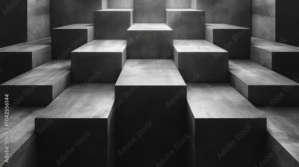 Aufkleber The composition features a series of concrete steps that form a striking geometric pattern. Dim lighting enhances the abstract design, evoking a sense of depth and structure in the modern space.