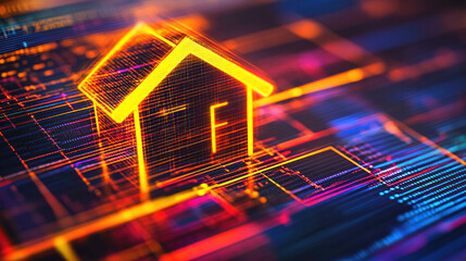 A house is shown in a colorful, abstract style. The house is made up of many different shapes and colors, and it is glowing. Scene is one of creativity and imagination