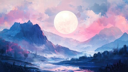 A Full Moon Over Blue Mountains and a Stream