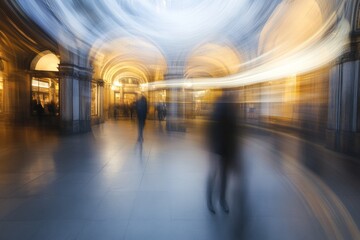 Fototapeta premium A blurred image of people walking through a grand arcade, creating streaks of motion.