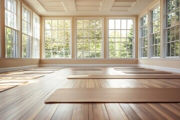 A bright, airy yoga studio with large windows, hardwood floors, and multiple yoga mats.