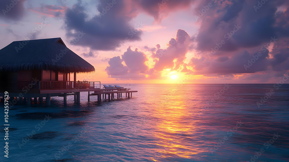 Wall mural Serene sunset over ocean with a wooden bungalow on stilts.