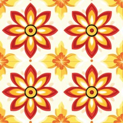 Bright Retro Floral Pattern with Red and Yellow Petals, Circular Centerpiece, and Symmetrical Flower Motifs on a Light Background