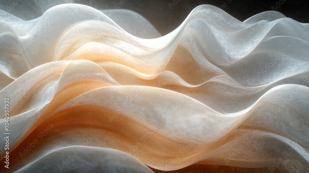 Poster Translucent fabric creates elegant wave patterns, reflecting soft light. The delicate textures and gentle curves evoke a sense of calm and fluidity in the composition.