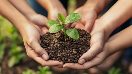 Three hands hold a small plant in the ground.