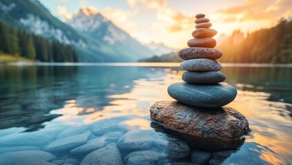 A zen stone stack in a tranquil lake with mountain background at sunset.
